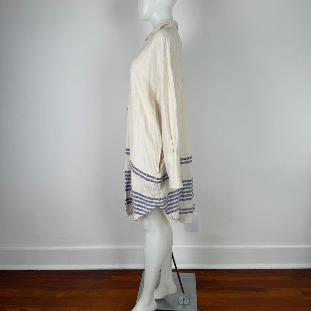 Free People Women Cream Blue Striped Henley Tunic Dress Pockets Large L - Picture 4 of 16